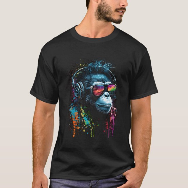 Camiseta Mono Dj Con Auriculares Y Disco De Gafas De Sol (Anverso)