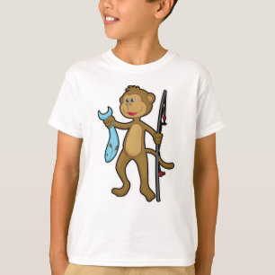 Camiseta Mono en la pesca con caña y pescado