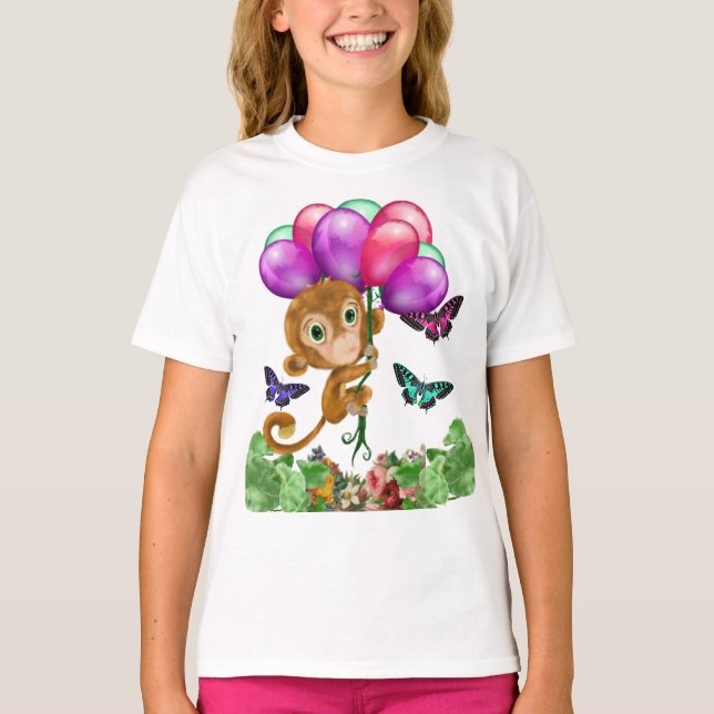 Camiseta Mono, mariposas y globos desordenados (Anverso)