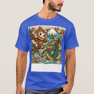 Camiseta Mono y dragón en Japón con ola de pagoda F