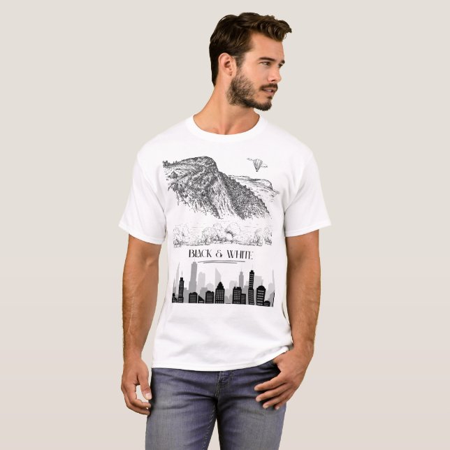 Camiseta Monochrome Mountain City Skyline Art Black White (Anverso completo)