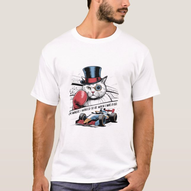 Camiseta Monocle Cat with Boxing Glove & F1 Race Car Funny  (Anverso)