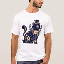 Camiseta Monóculo Floral Sofisticado de Gato con Sombrero A