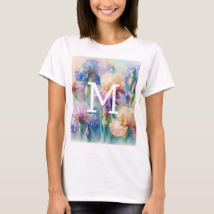 Camiseta Monograma de acuarela floral de flores de iris púr