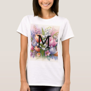 Camiseta Monograma de acuarela floral de tulipanes rosados