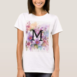 Camiseta Monograma de acuarela floral orquídeas rosadas flo