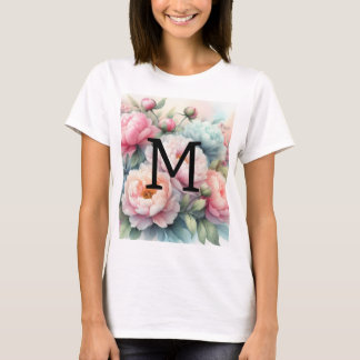 Camiseta Monograma de acuarela floral peonías rosadas y azu