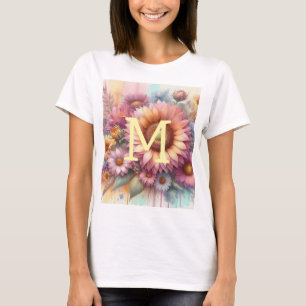 Camiseta Monograma de acuarela floral rosa girasol amarillo