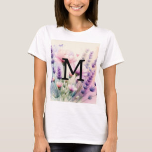 Camiseta Monograma de acuarela floral rosa púrpura lavanda