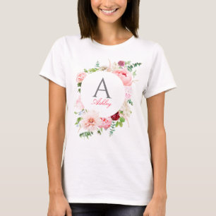 Camiseta Monograma de marco de círculo floral rosa elegante