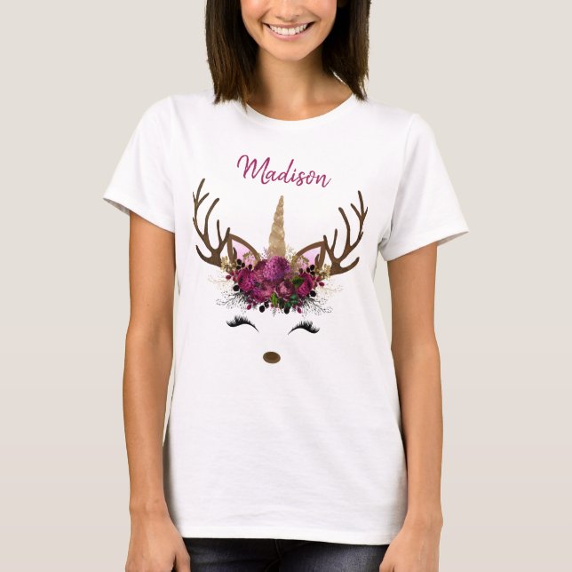 Camiseta Monograma de oro rosado oscuro Navidades Unicornio (Anverso)