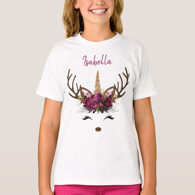 Camiseta Monograma de oro rosado oscuro Navidades Unicornio (Anverso)