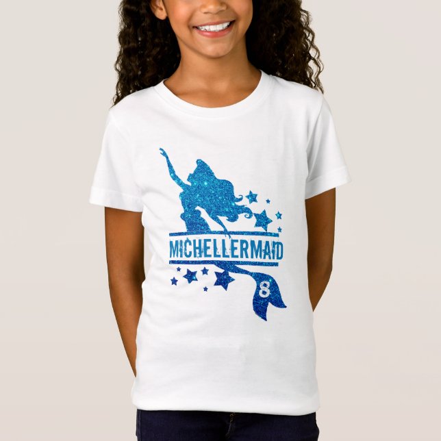 Camiseta Monograma de sirena de Purpurina azul lindo Cumple (Anverso)