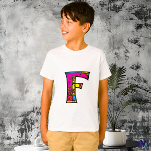 Camiseta Monograma F Tribal y Doodle colorido y divertido
