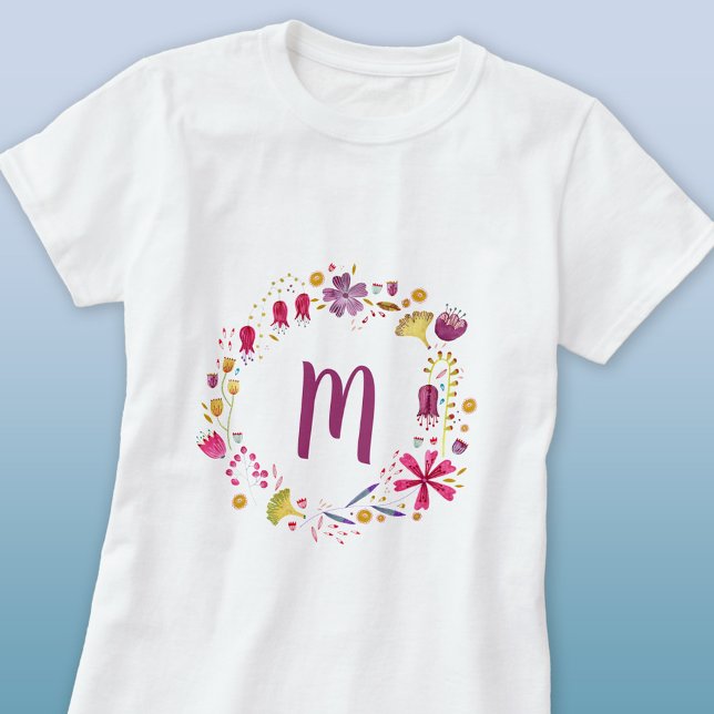 Camiseta Monograma Floral (Watercolor floral circle modern monogram initial personalized t-shirt)