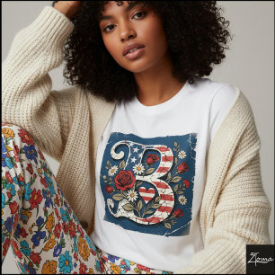 Camiseta Monograma floral de letra B con bandera desgastada