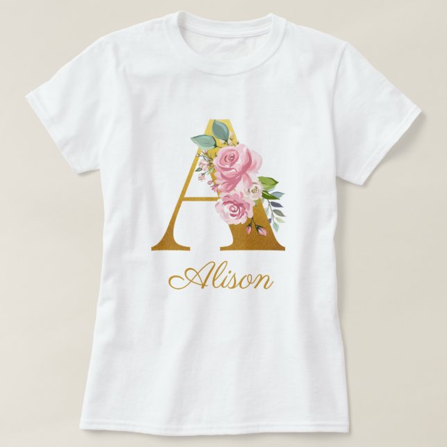 Camiseta Monograma floral personalizado con nombre inicial  (Diseño del anverso)