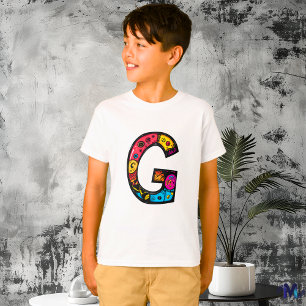 Camiseta Monograma G colorido y divertido tribal y garabato