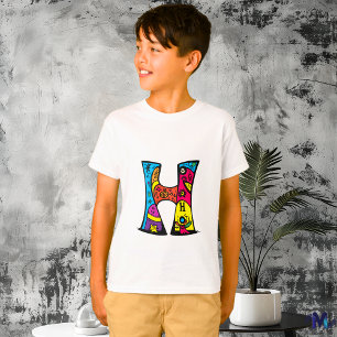 Camiseta Monograma H colorido y divertido tribal y garabato