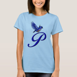 Camiseta Monograma Inicial P Elegante Pájaro Azul