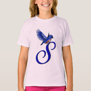 Camiseta Monograma Inicial S Elegante Pájaro Azul