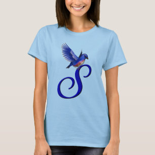 Camiseta Monograma Inicial S Elegante Pájaro Azul