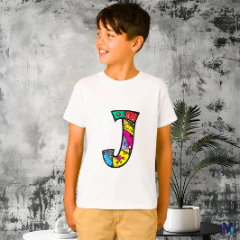 Camiseta Monograma J Tribal y Doodle colorido y divertido