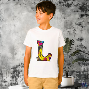Camiseta Monograma L Tribal y Doodle Colorida y Divertida
