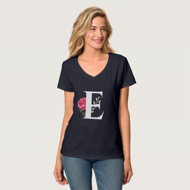Camiseta Monograma letra inicial E en rosa rosa blanco (Anverso completo)