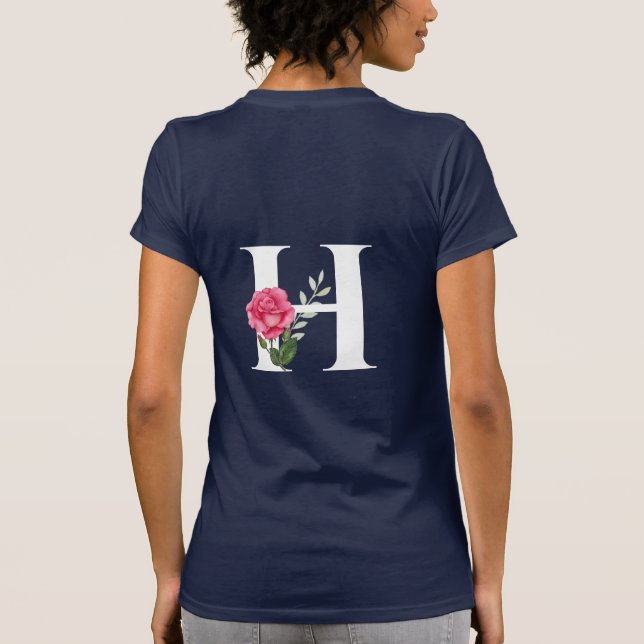 Camiseta Monograma Letra inicial H en blanco con rosa rosad (Reverso)