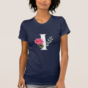Camiseta Monograma Letra inicial I en blanco con rosa rosad