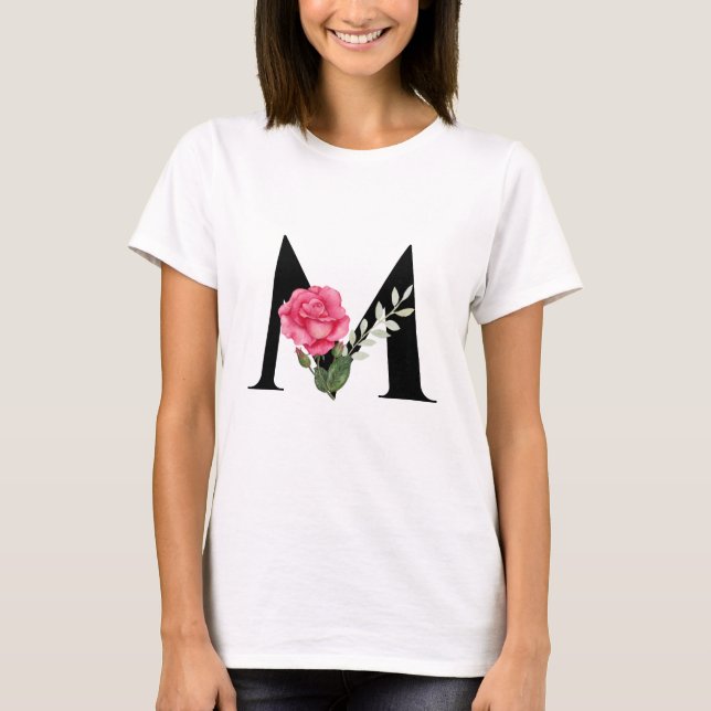 Camiseta Monograma Letra inicial M en negro con rosa rosado (Anverso)