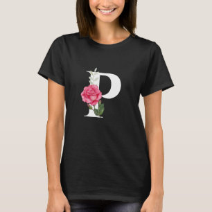 Camiseta Monograma Letra inicial P en blanco con rosa rosad