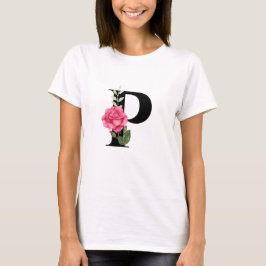Camiseta Monograma Letra inicial P en negro con rosa rosado