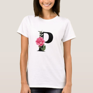 Camiseta Monograma Letra inicial P en negro con rosa rosado