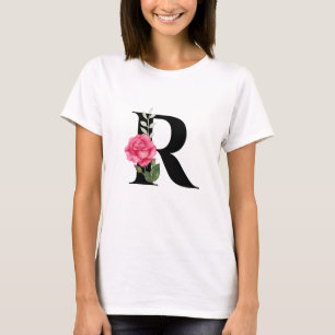 Camiseta Monograma Letra inicial R en negro con rosa rosa r