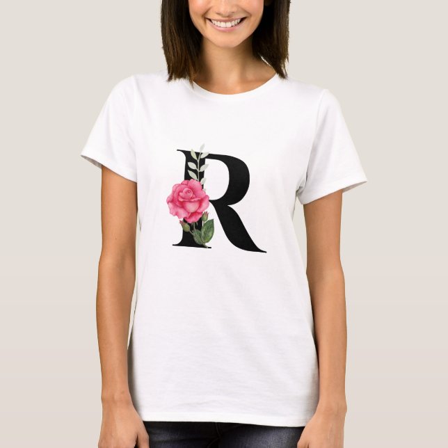 Camiseta Monograma Letra inicial R en negro con rosa rosa r (Anverso)