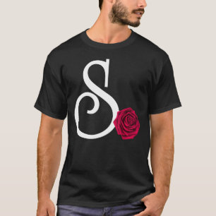 Camiseta Monograma Letra inicial S con rosa roja sobre negr