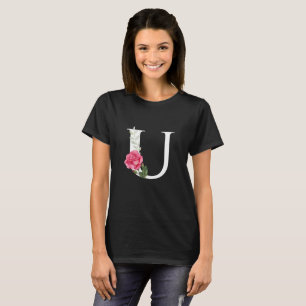 Camiseta Monograma Letra inicial U en blanco con rosa rosad