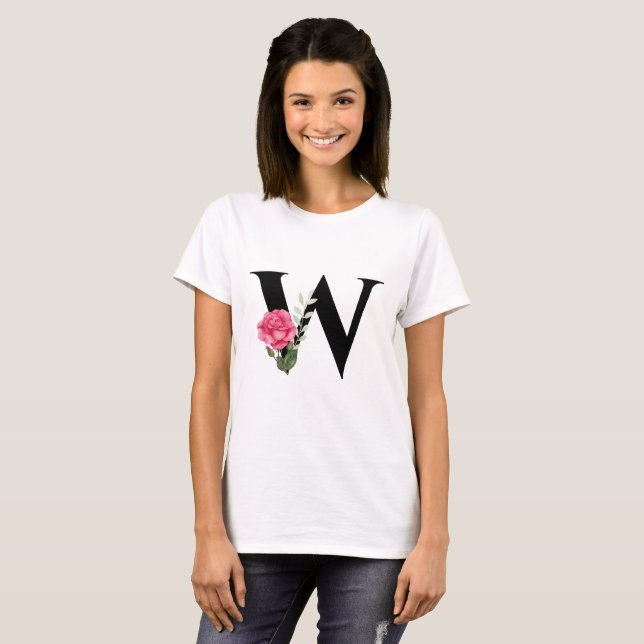 Camiseta Monograma Letra inicial W en negro con rosa rosa r (Anverso completo)