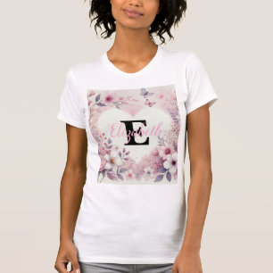 Camiseta Monograma nombre corazones florales color de agua