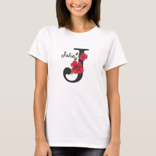 Camiseta Monograma personalizado editable J texto flor roja