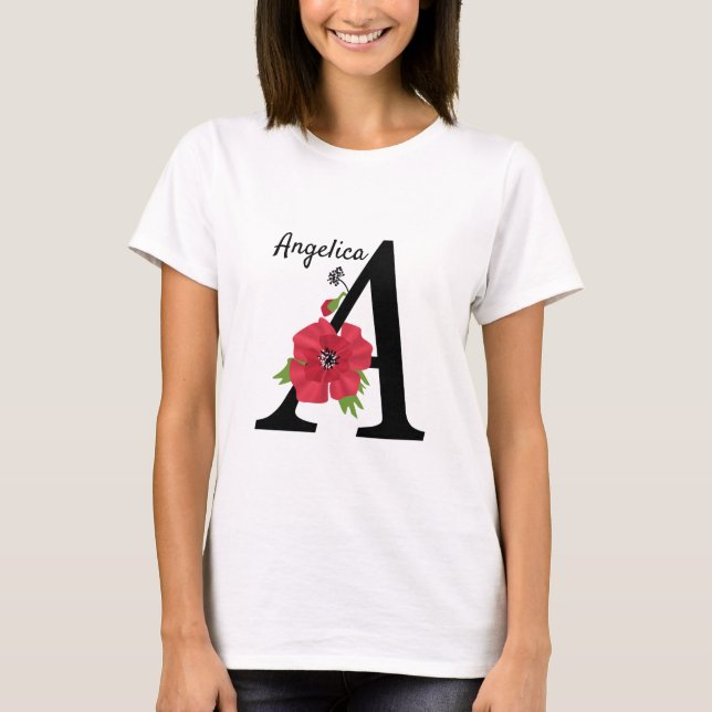 Camiseta Monograma personalizado editable Un texto flor roj (Anverso)