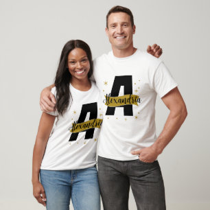 Camiseta Monograma Personalizado Negro y Dorado a Juego
