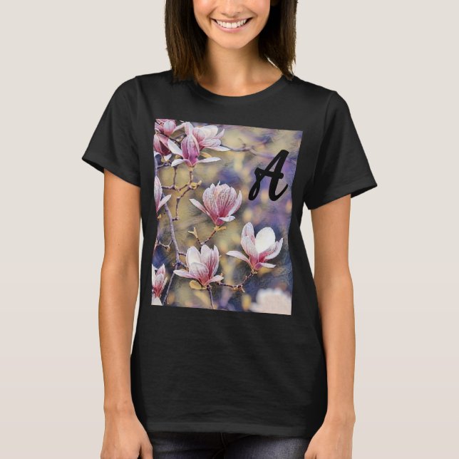 Camiseta Monograma Rama de magnolia rosa acuarela púrpura (Anverso)