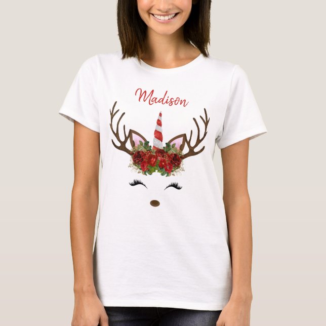 Camiseta Monograma Rojo y Oro Navidades Unicornio Reno (Anverso)