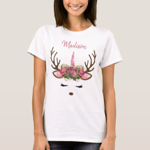 Camiseta Monograma rosa y oro Navidades Unicornio reno