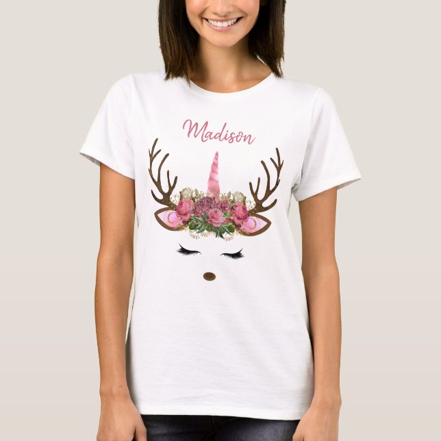 Camiseta Monograma rosa y oro Navidades Unicornio reno (Anverso)