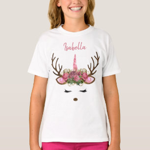 Camiseta Monograma rosa y oro Navidades Unicornio reno