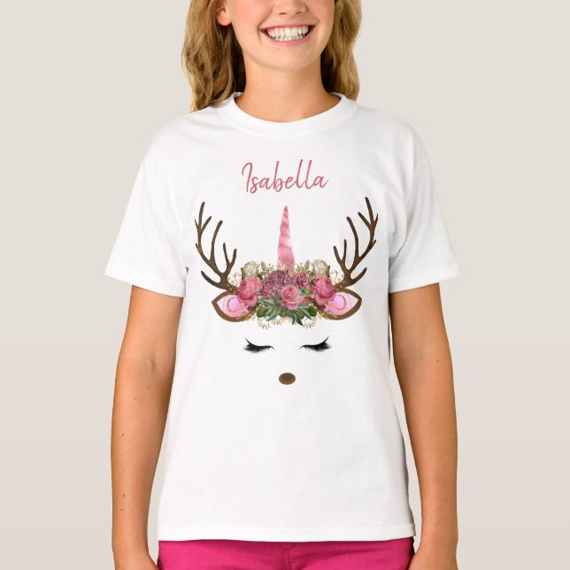 Camiseta Monograma rosa y oro Navidades Unicornio reno (Anverso)